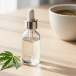 flacon en verre CBD sans THC sur une table avec une tasse de thé