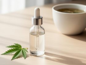 flacon en verre CBD sans THC sur une table avec une tasse de thé