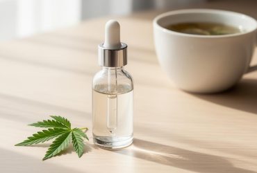 flacon en verre CBD sans THC sur une table avec une tasse de thé