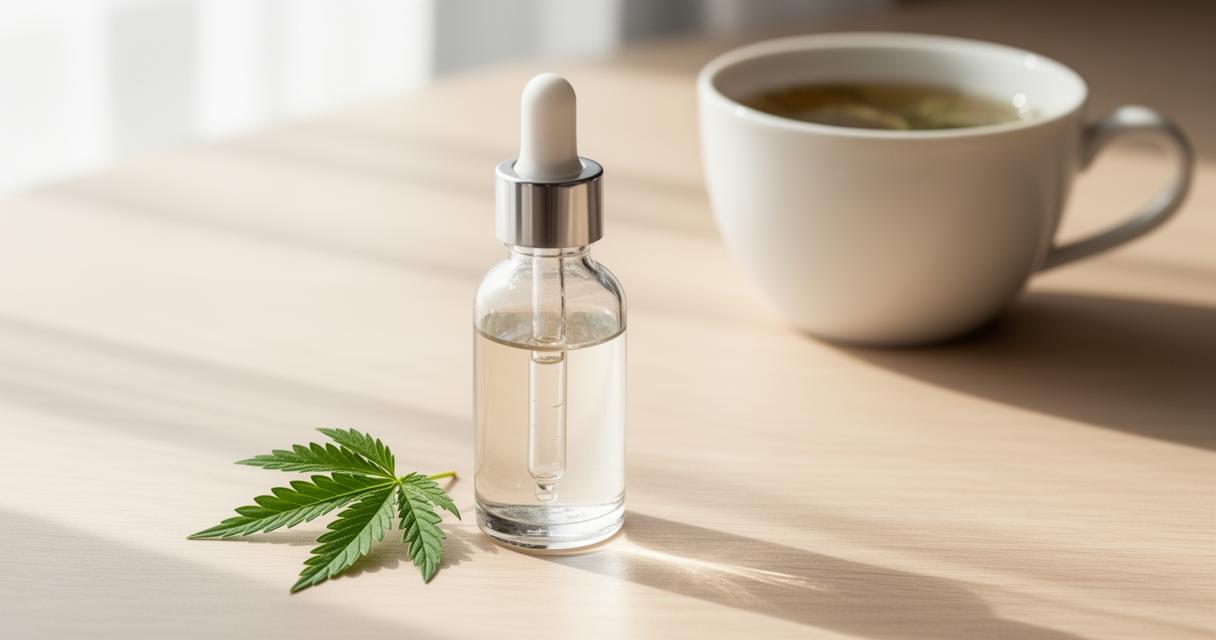 flacon en verre CBD sans THC sur une table avec une tasse de thé